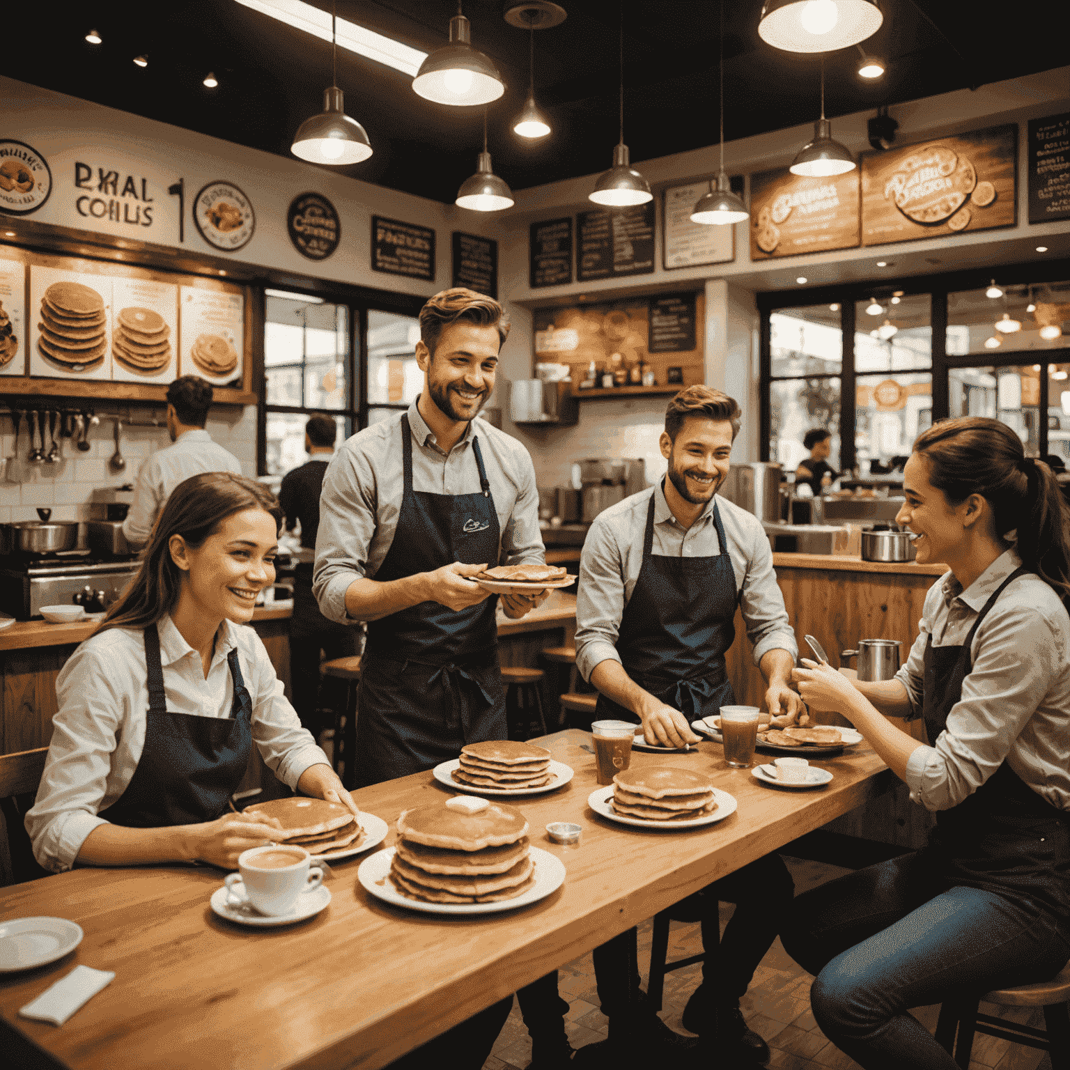 O imagine reprezentativă a unei francize de clătite de succes, cu un restaurant aglomerat și clienți fericiți savurând clătite