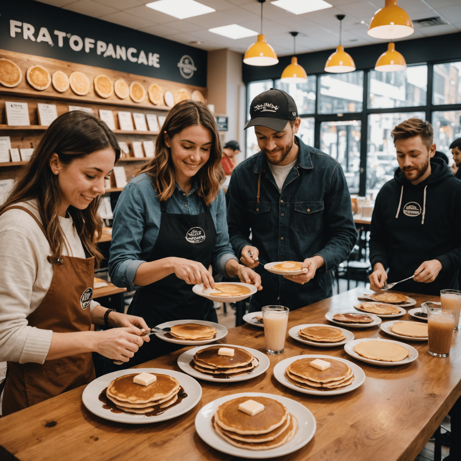 Un eveniment de degustare de clătite într-o locație TheFatPancake, cu oameni gustând diverse tipuri de clătite