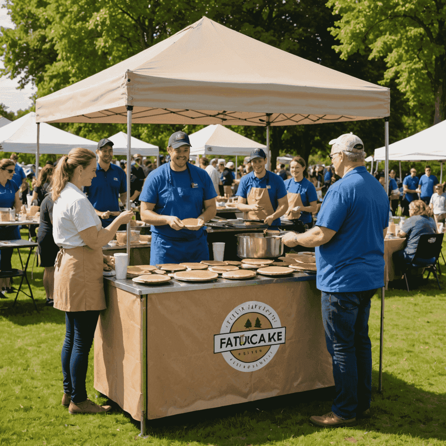 Un stand TheFatPancake la un eveniment comunitar local, cu angajați servind clătite participanților